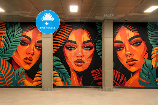 Vibrant Caribbean Mural Featuring Female Portraits in Graffiti and Street Art Styles