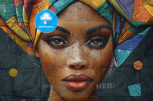 Vibrant Caribbean Street Art Mural: Female Portraiture with Geometric Patterns and Graffiti Elements