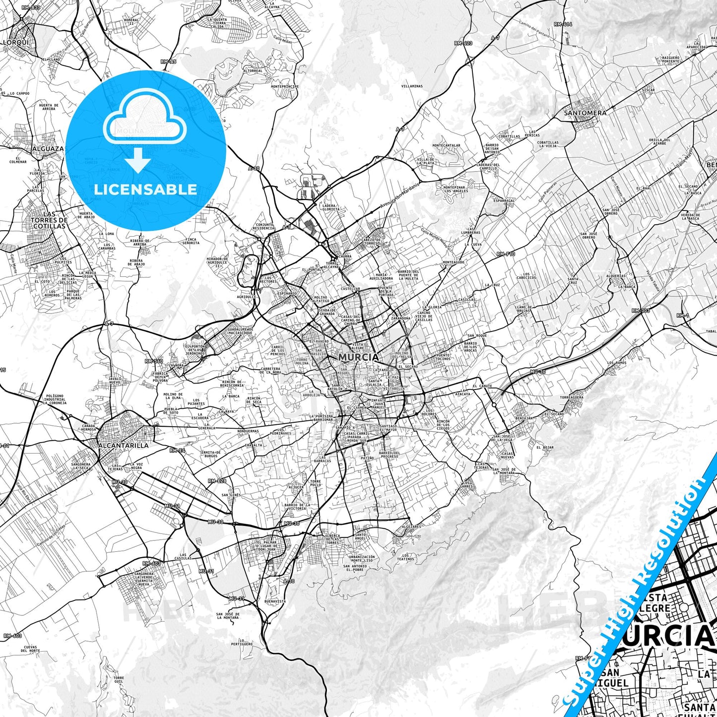 Murcia, Spain light map with streetnames, citynames and districts