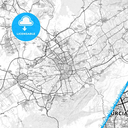 Murcia, Spain light map with streetnames, citynames and districts