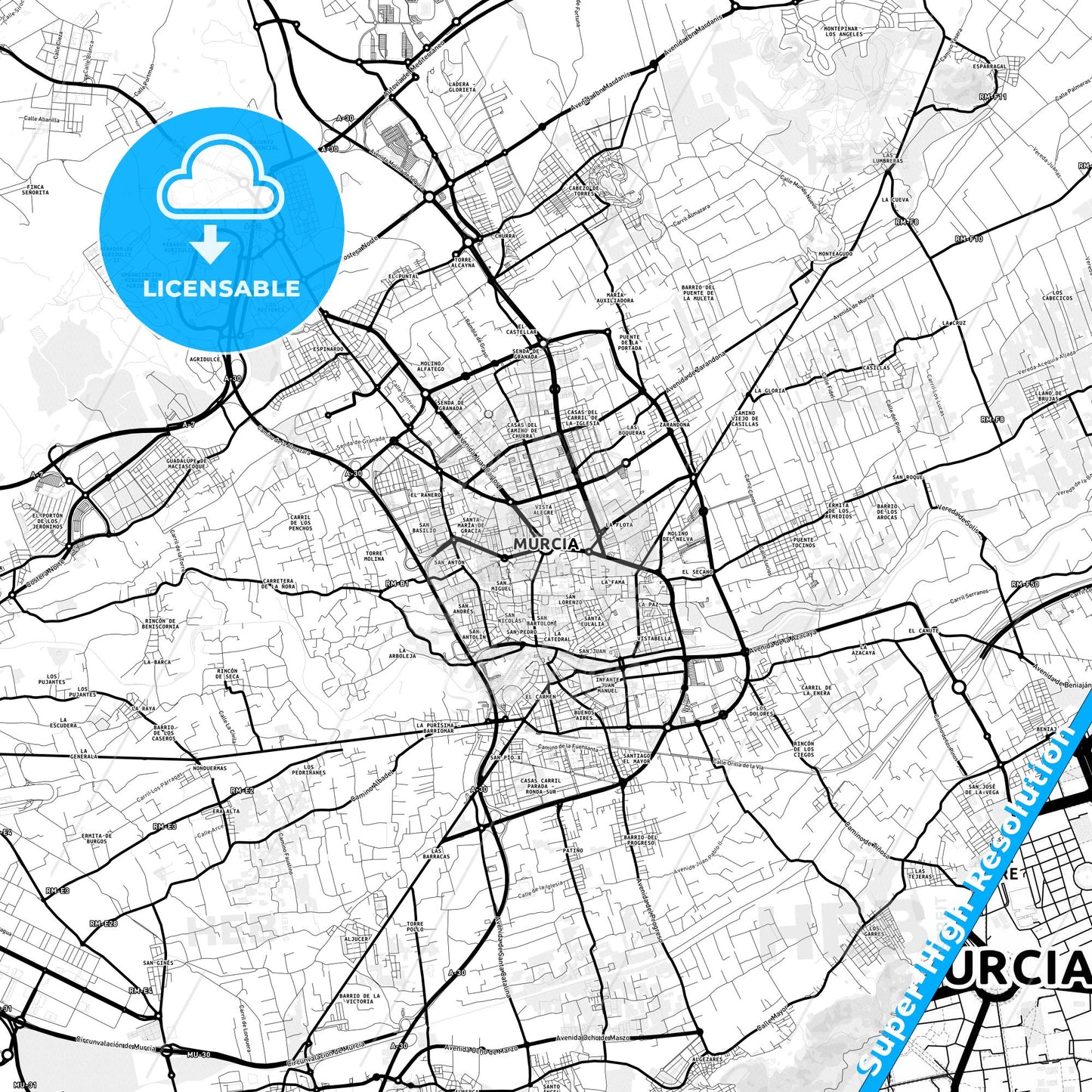 Murcia, Spain Light Map with Street Names, City Names, and Districts