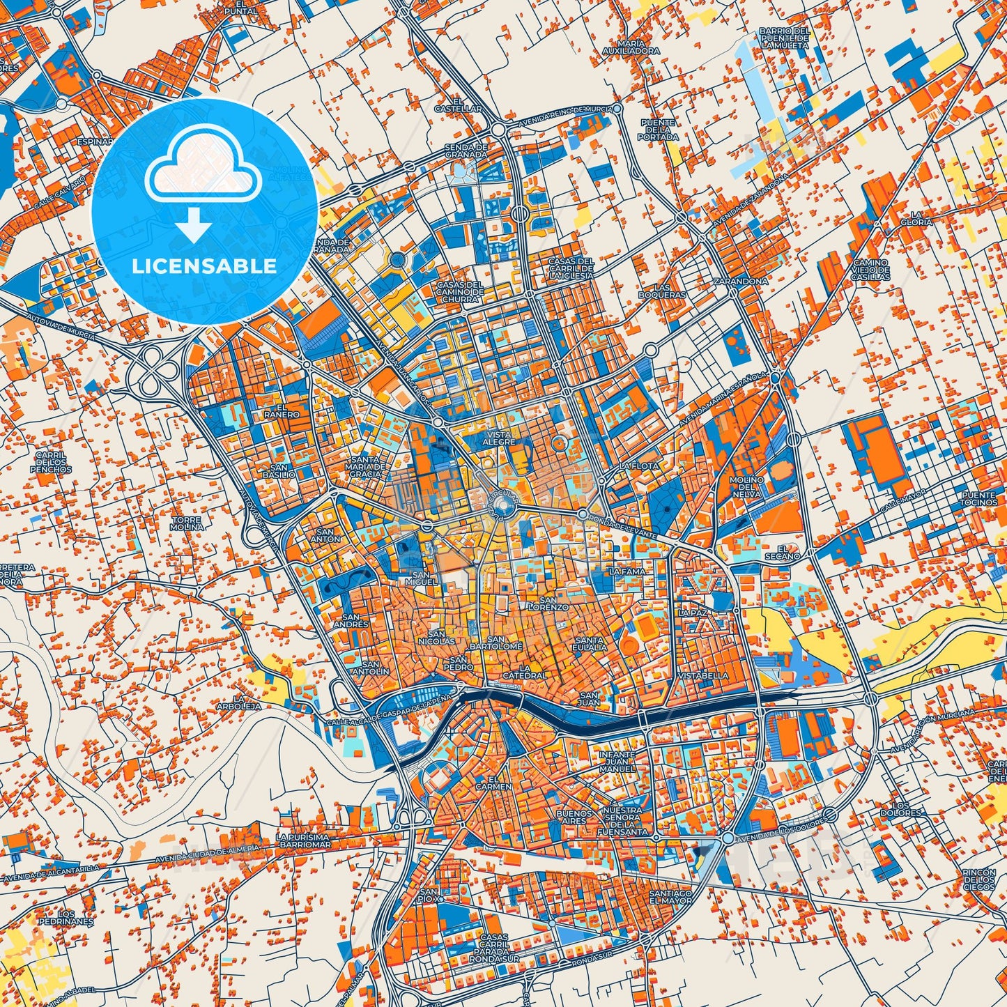 Colorful Murcia Street Map with Labels and Buildings