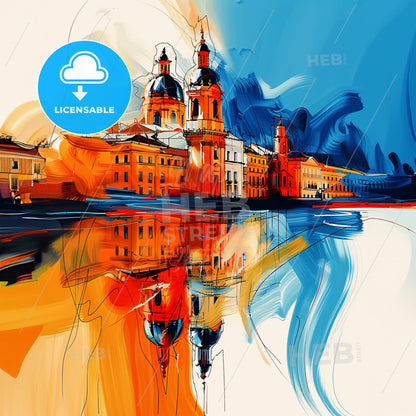 Vibrant Murcia, Spain - A Painting Of A Building With A Reflection Of It