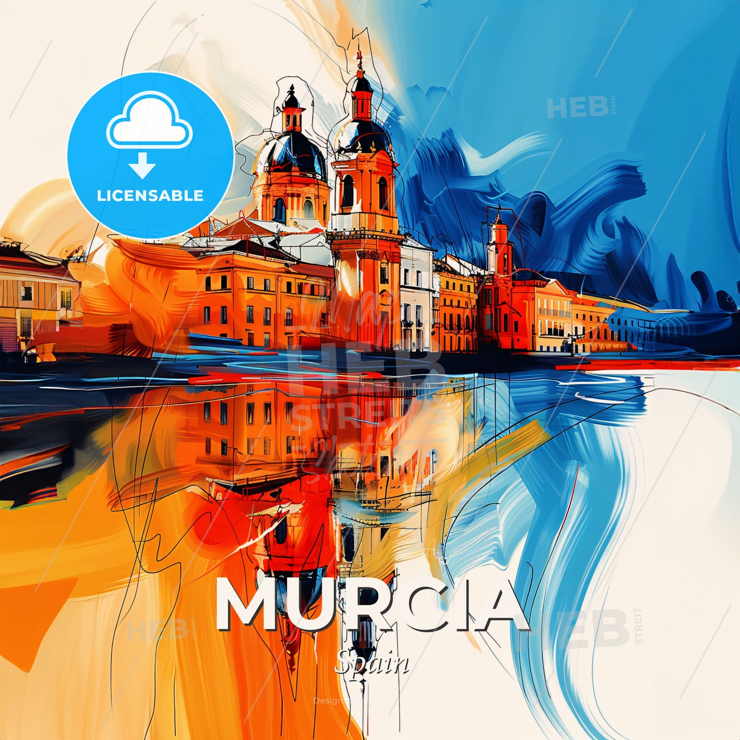 Vibrant Murcia, Spain - A Painting Of A Building With A Reflection Of It - Square format print template