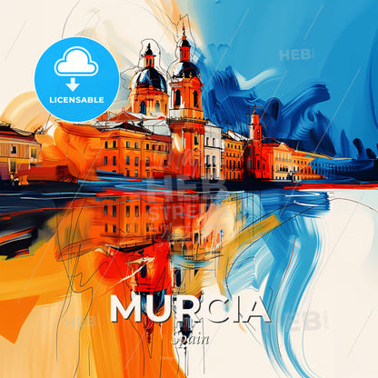 Vibrant Murcia, Spain - A Painting Of A Building With A Reflection Of It - Square format print template