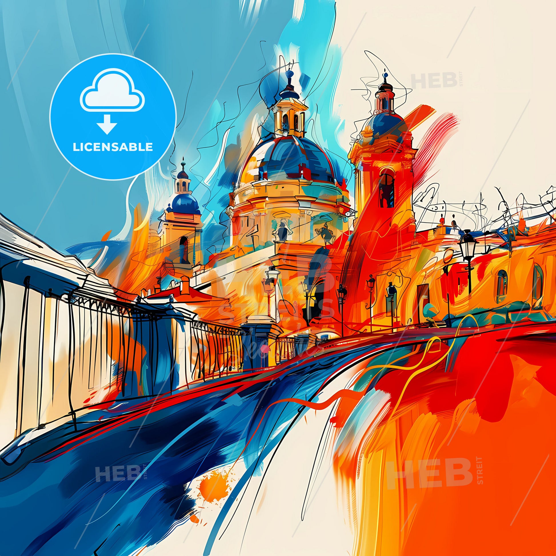 Vibrant Murcia, Spain - A Painting Of A Building With A Blue And Orange Sky