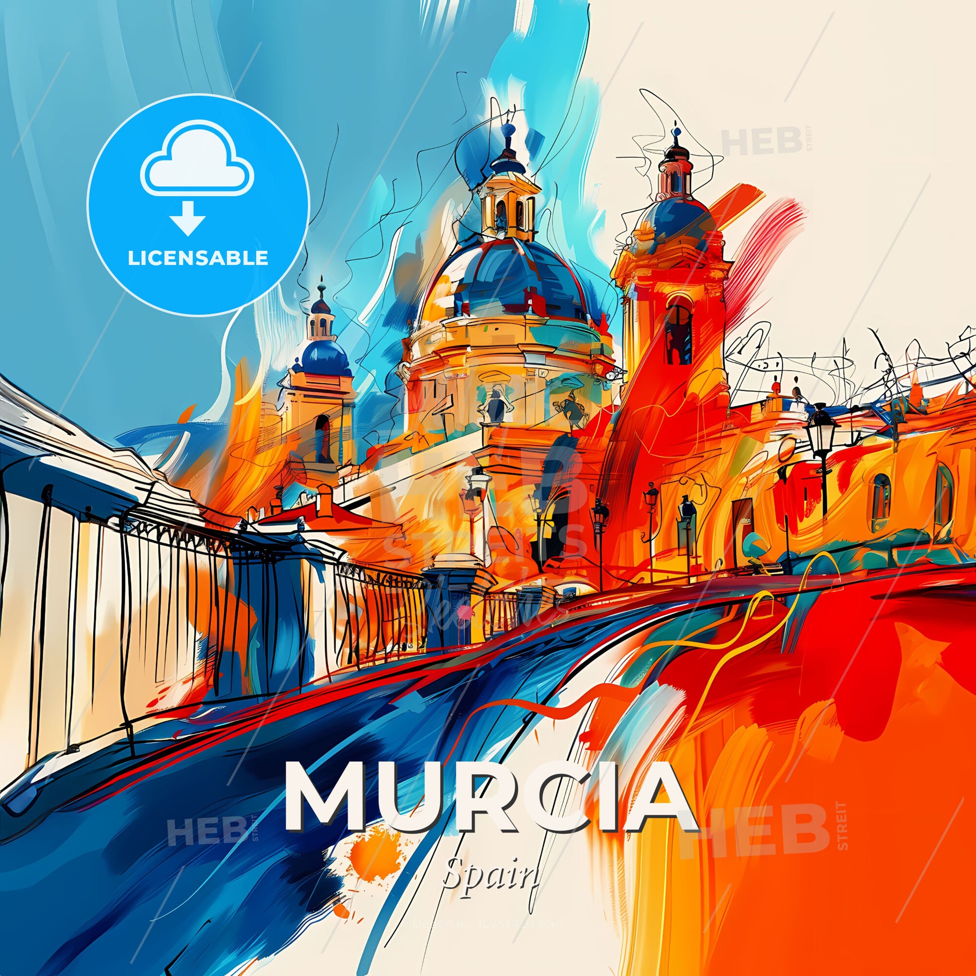 Vibrant Murcia, Spain - A Painting Of A Building With A Blue And Orange Sky - Square format print template