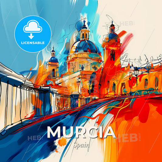 Vibrant Murcia, Spain - A Painting Of A Building With A Blue And Orange Sky - Square format print template
