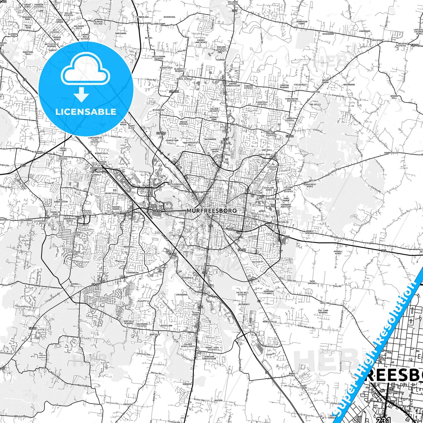 Murfreesboro, Tennessee light map with streetnames, citynames and districts