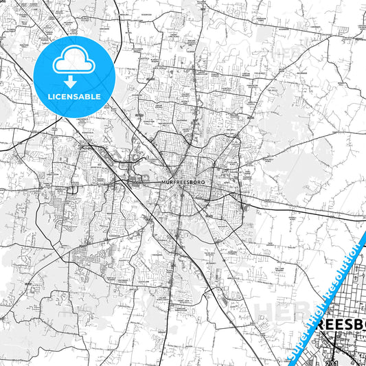 Murfreesboro, Tennessee light map with streetnames, citynames and districts