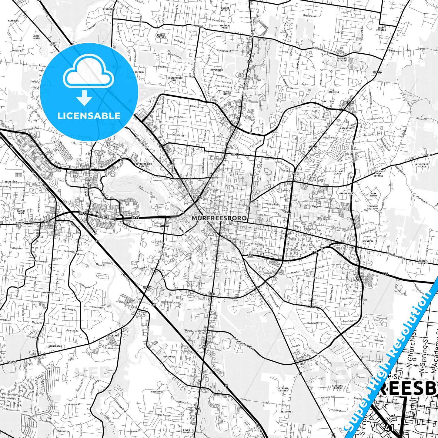 Murfreesboro, Tennessee Light Map with Street Names, City Names, and Districts