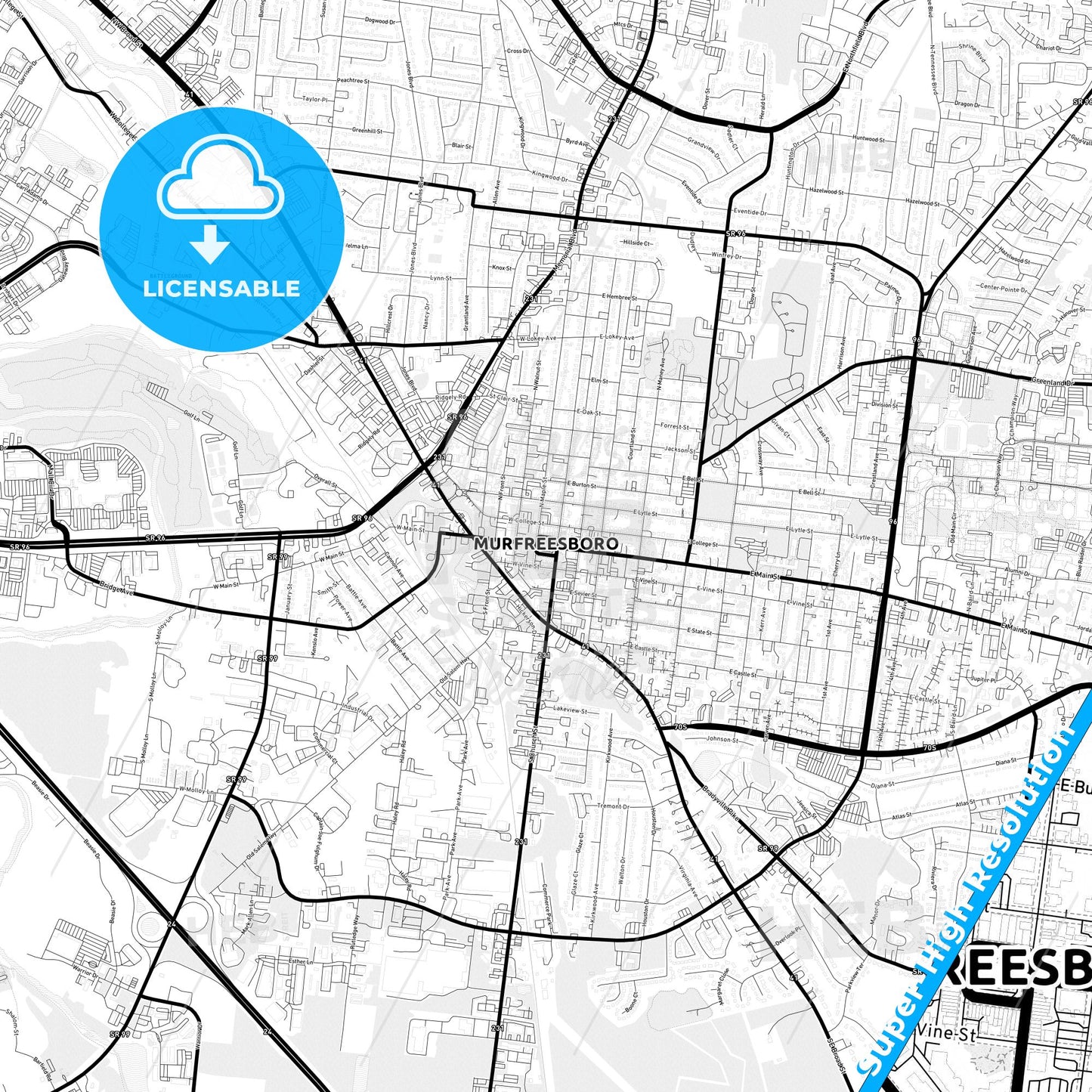 Murfreesboro, Tennessee Light Map with Street Names, City Names, and Districts