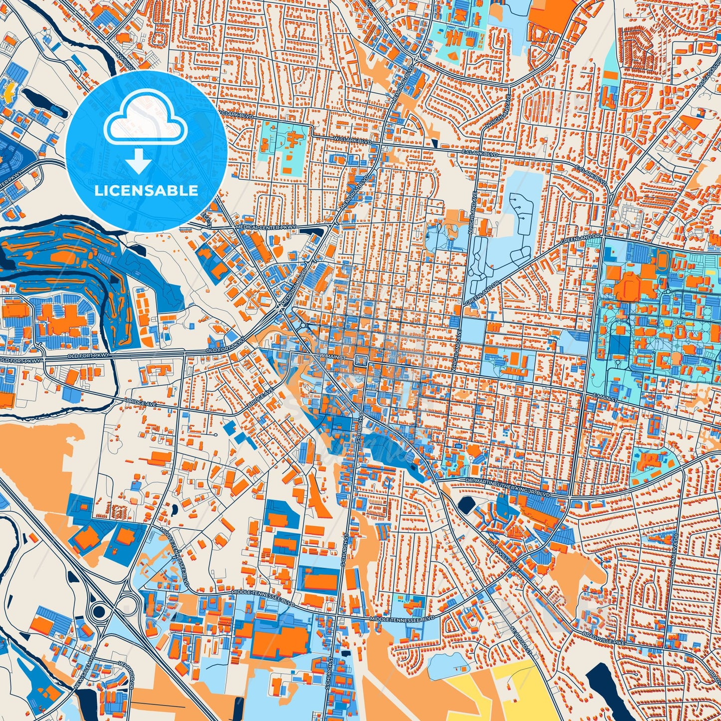 Colorful Murfreesboro Street Map with Labels and Buildings