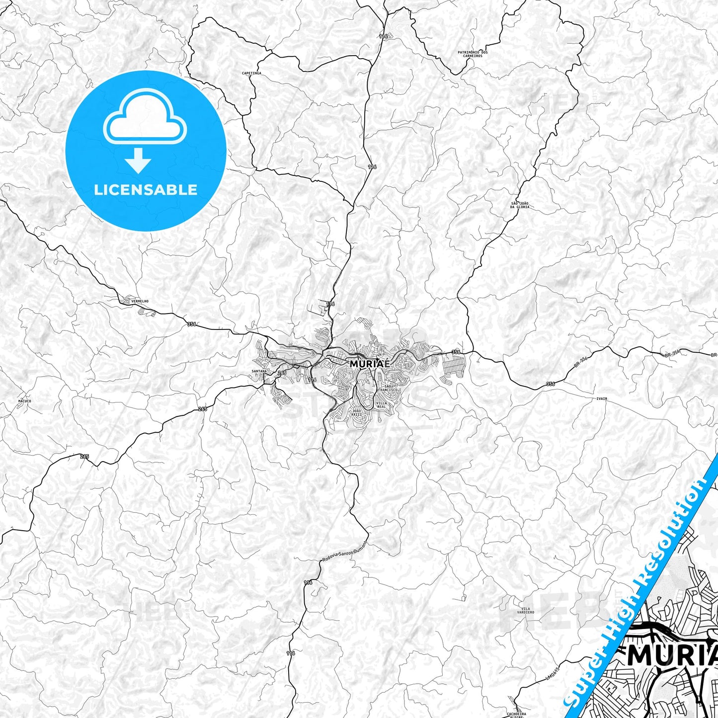 Muriae, Brazil light map with streetnames, citynames and districts
