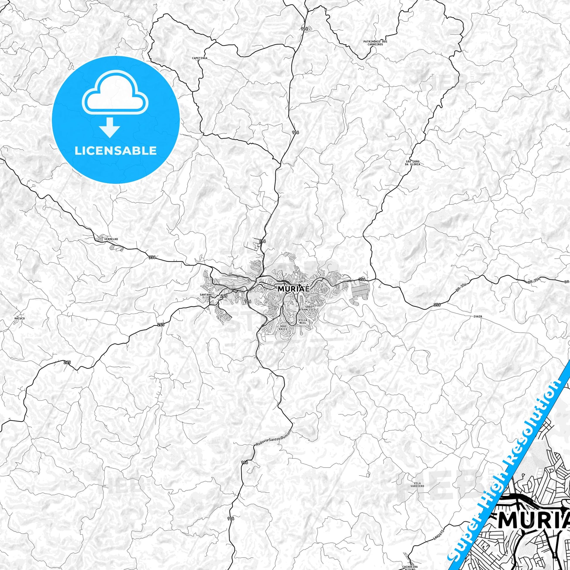 Muriae, Brazil light map with streetnames, citynames and districts