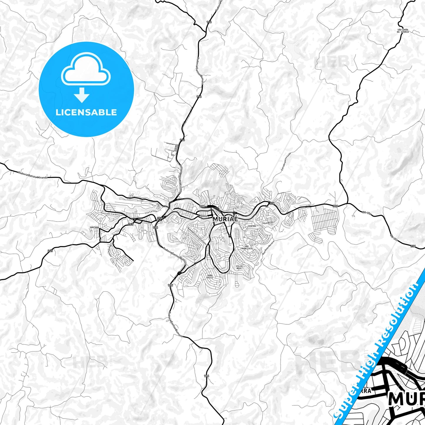 Muriae, Brazil Light Map with Street Names, City Names, and Districts