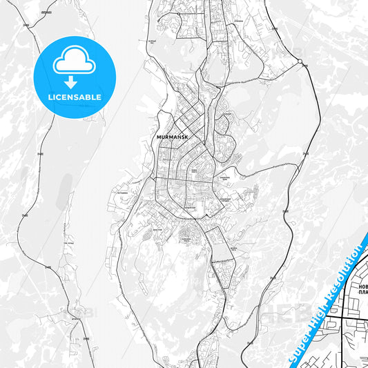 Murmansk, Russia light map with streetnames, citynames and districts