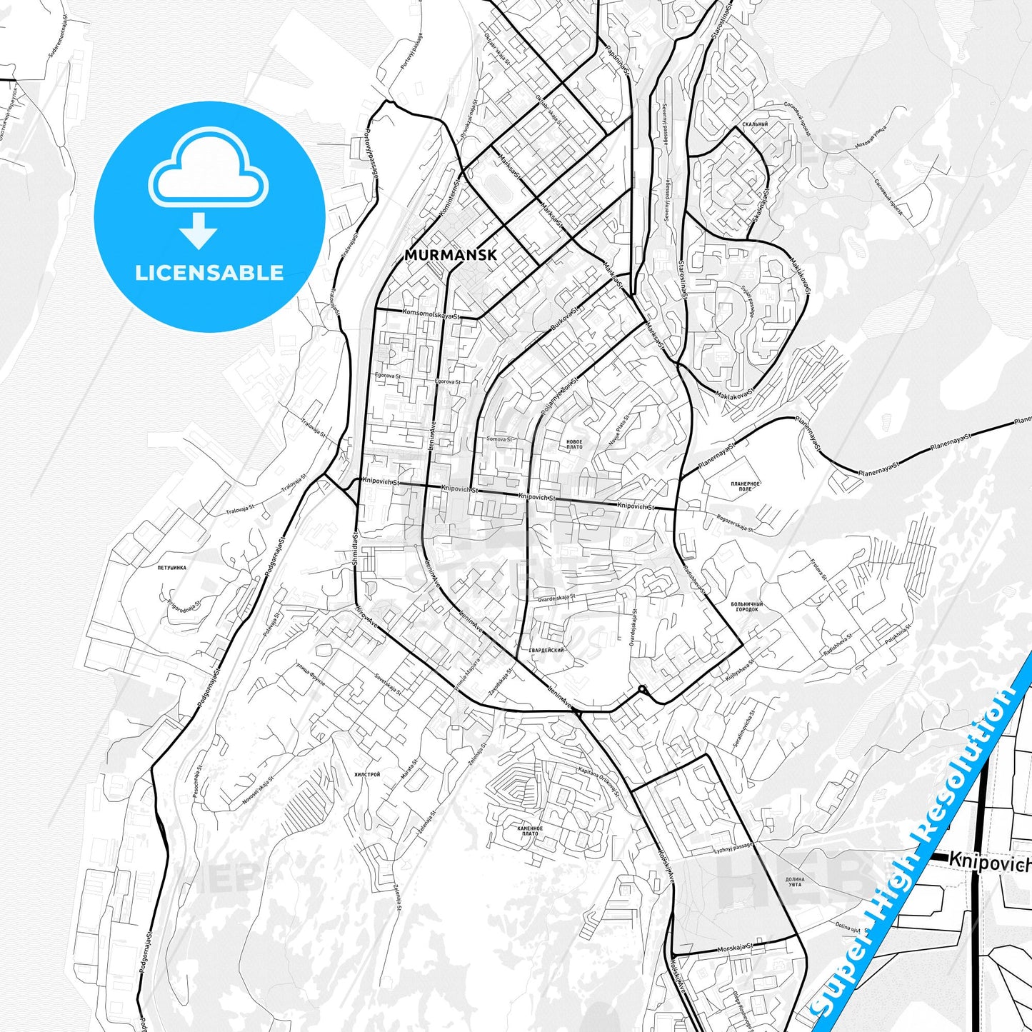 Murmansk, Russia Light Map with Street Names, City Names, and Districts
