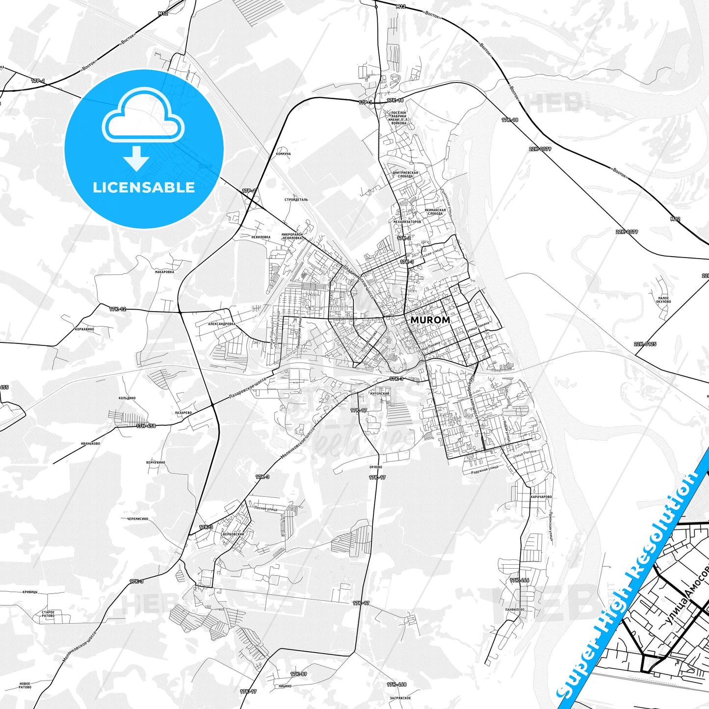 Murom, Russia light map with streetnames, citynames and districts