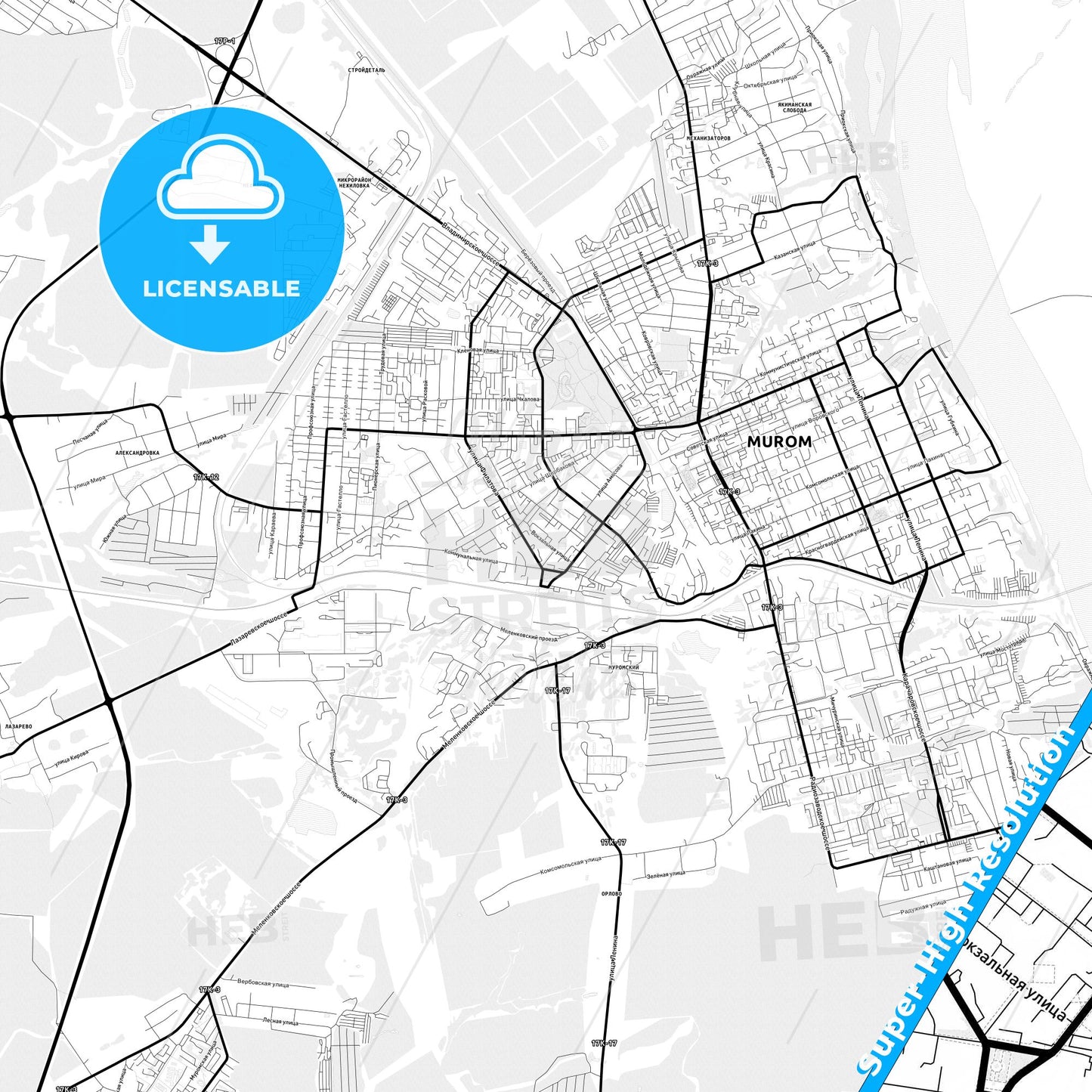 Murom, Russia Light Map with Street Names, City Names, and Districts