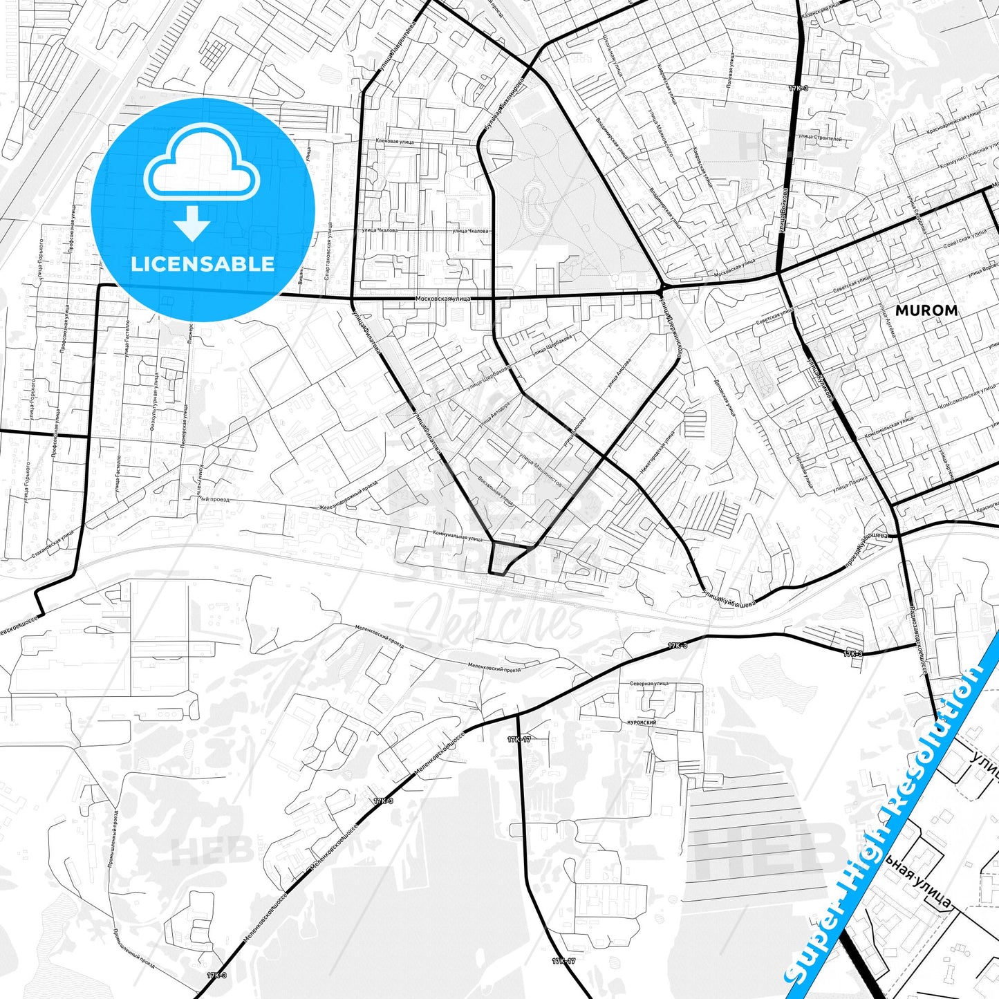 Murom, Russia Light Map with Street Names, City Names, and Districts