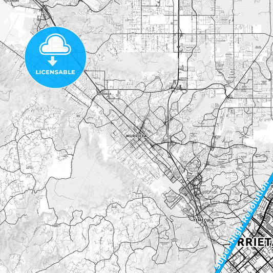 Murrieta, California light map with streetnames, citynames and districts
