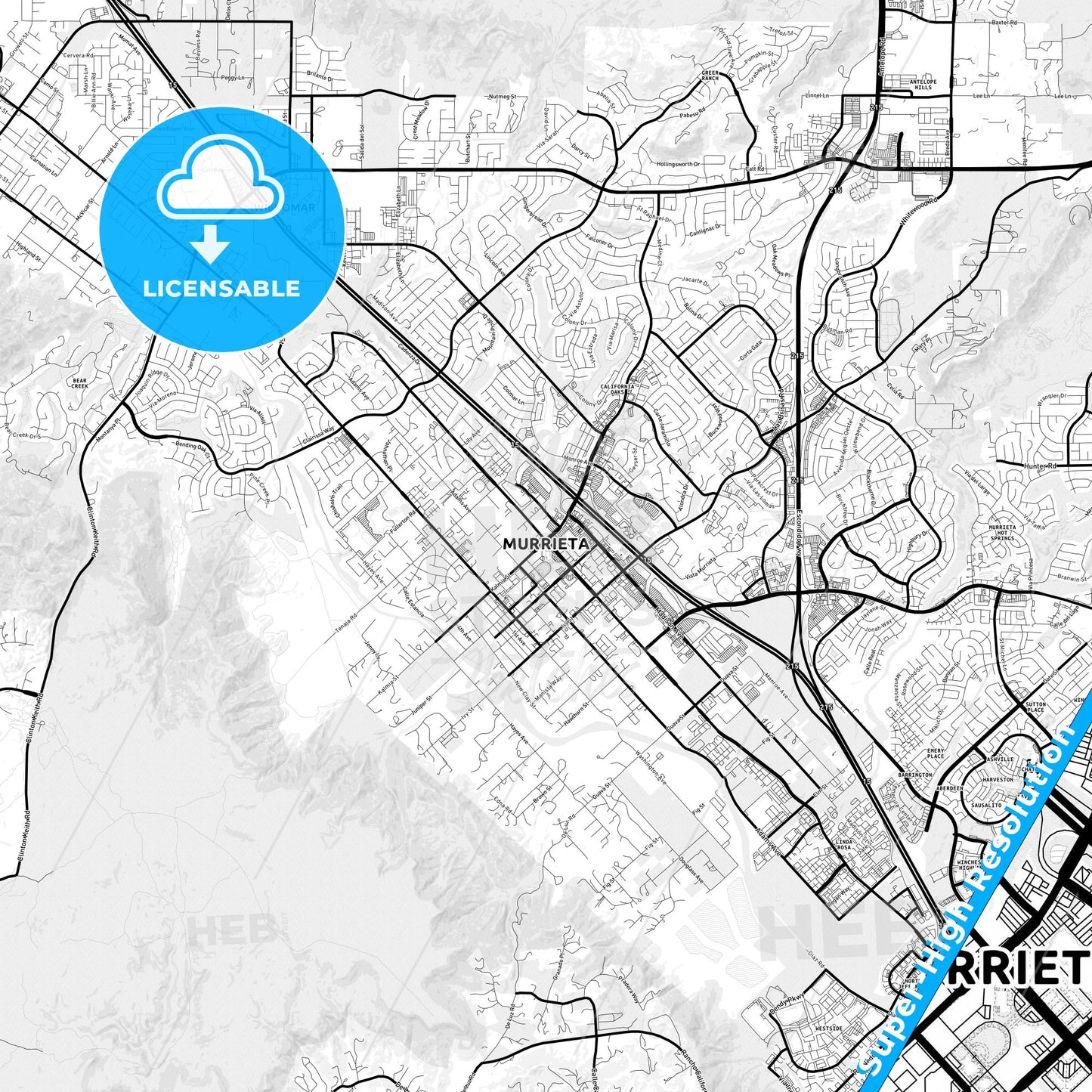 Murrieta, California Light Map with Street Names, City Names, and Districts