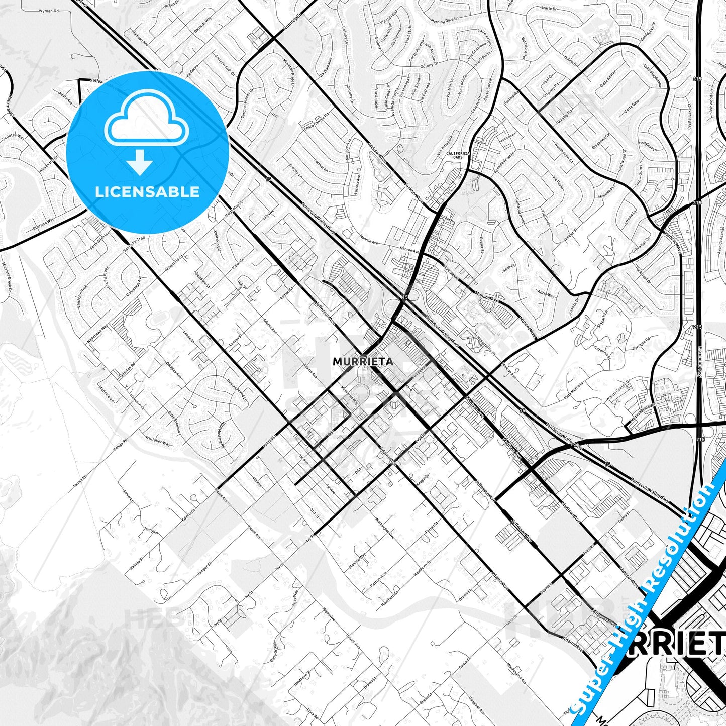 Murrieta, California Light Map with Street Names, City Names, and Districts