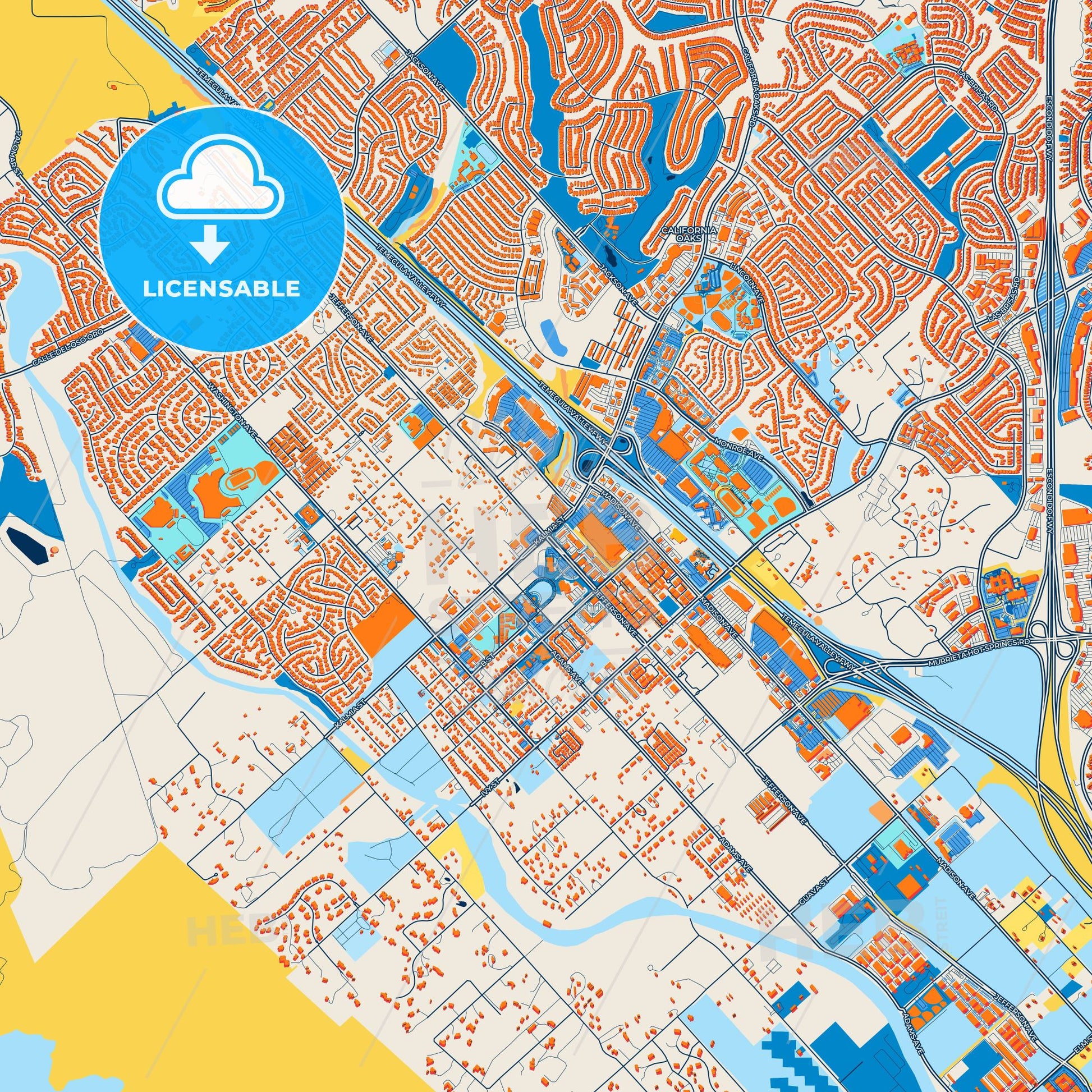 Colorful Murrieta Street Map with Labels and Buildings