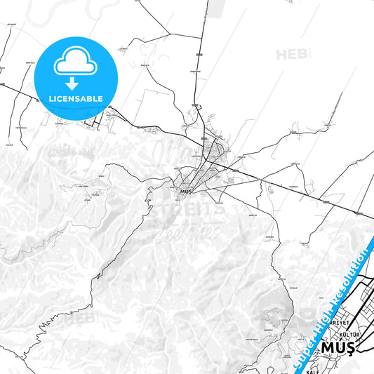 Muş, Turkey light map with streetnames, citynames and districts