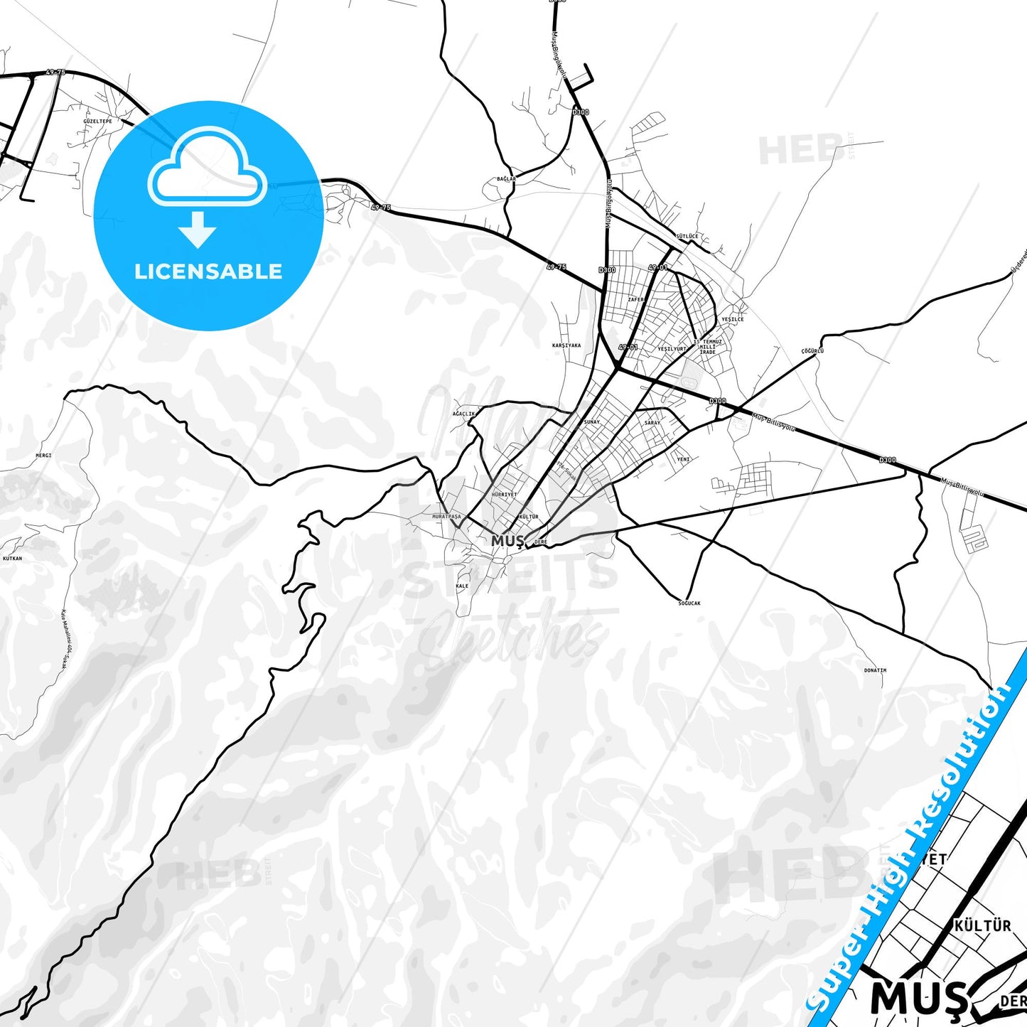 Muş, Turkey Light Map with Street Names, City Names, and Districts