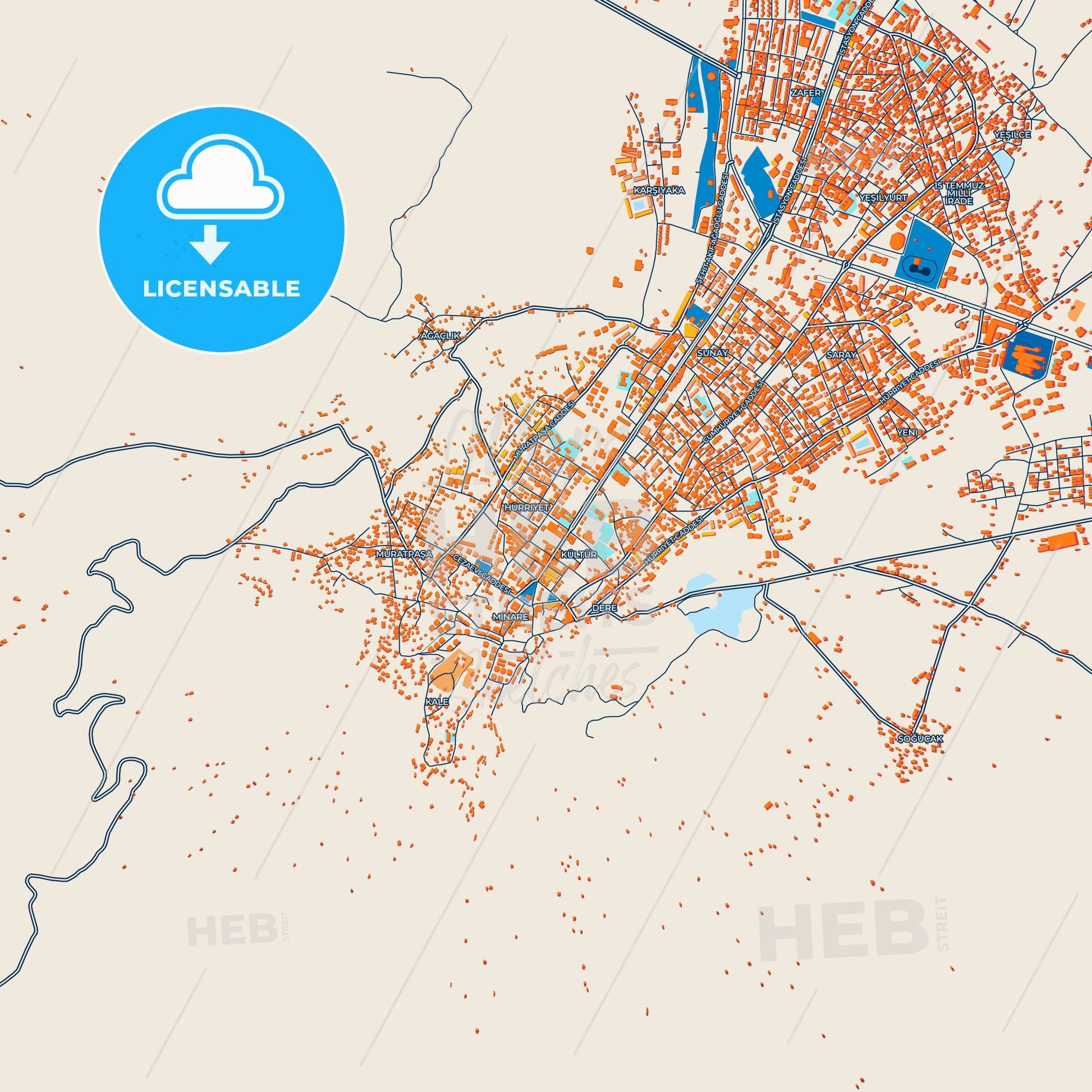 Colorful Muş Street Map with Labels and Buildings