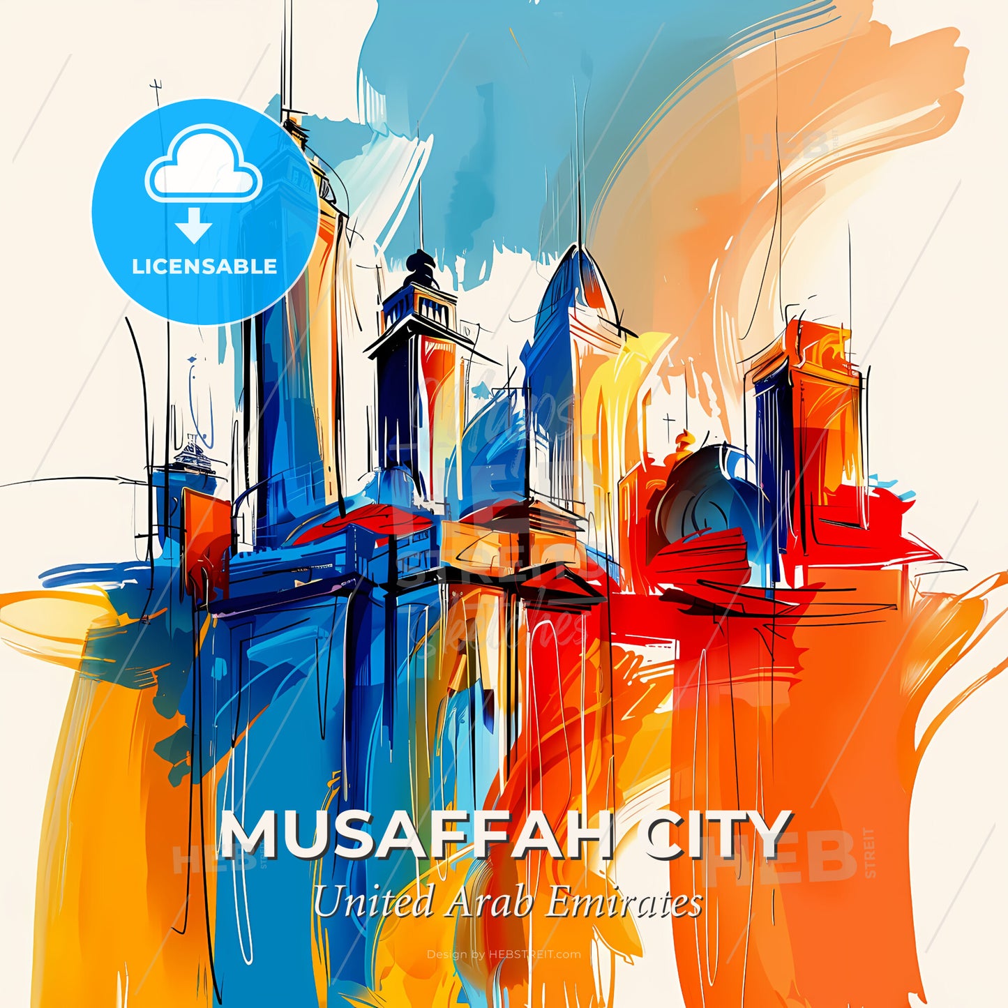 Vibrant Musaffah City  , United Arab Emirates - A Colorful Cityscape With Towers And A Round Dome - Square format print template