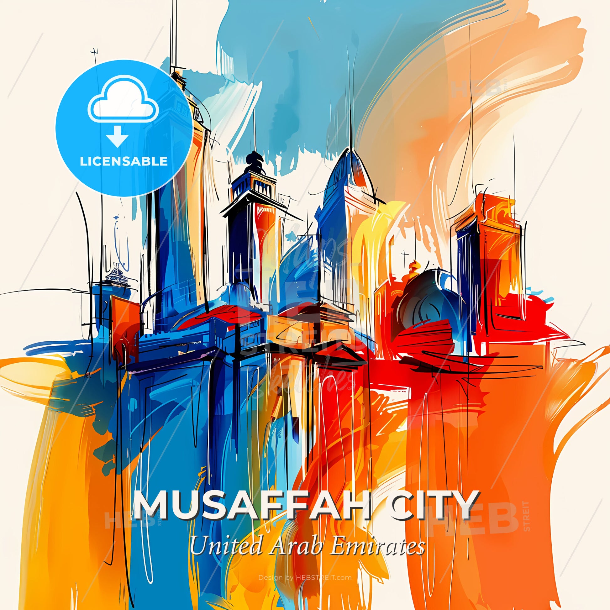 Vibrant Musaffah City  , United Arab Emirates - A Colorful Cityscape With Towers And A Round Dome - Square format print template
