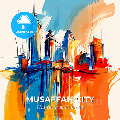 Vibrant Musaffah City  , United Arab Emirates - A Colorful Cityscape With Towers And A Round Dome - Square format print template