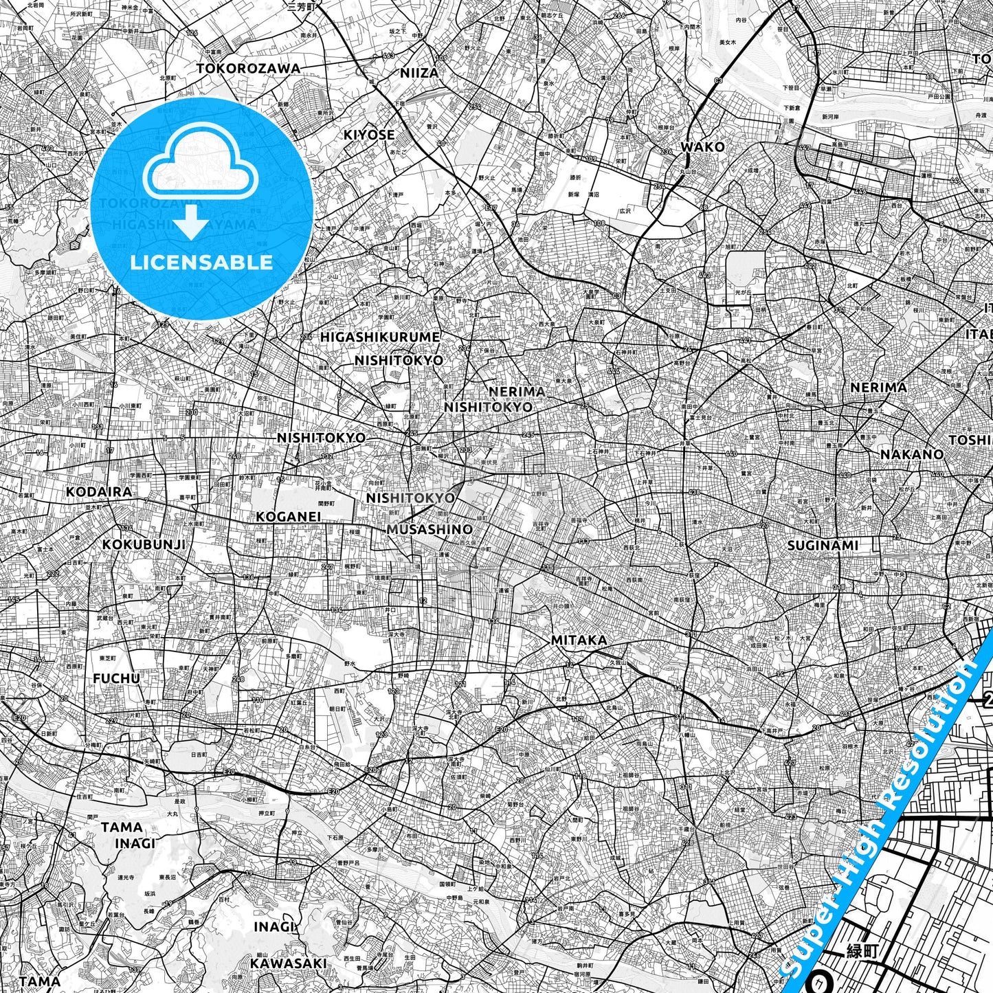 Musashino, Japan light map with streetnames, citynames and districts