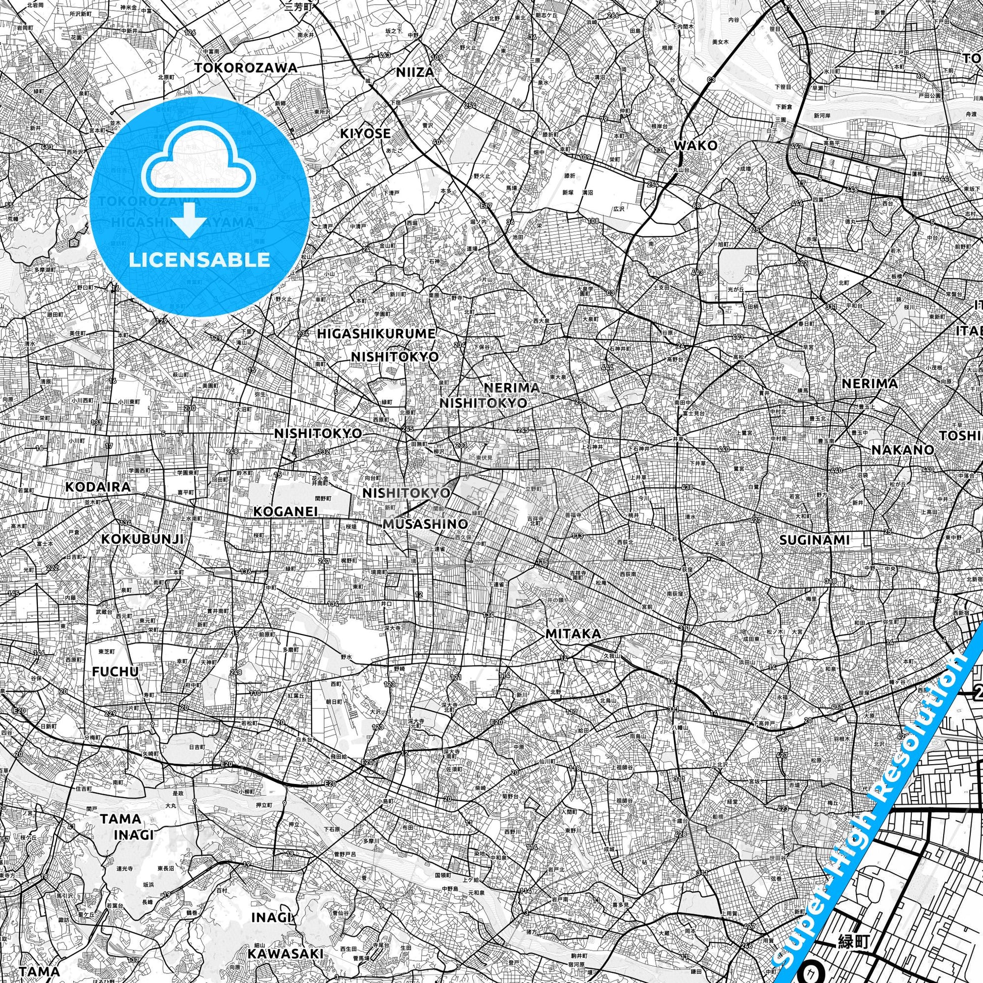Musashino, Japan light map with streetnames, citynames and districts