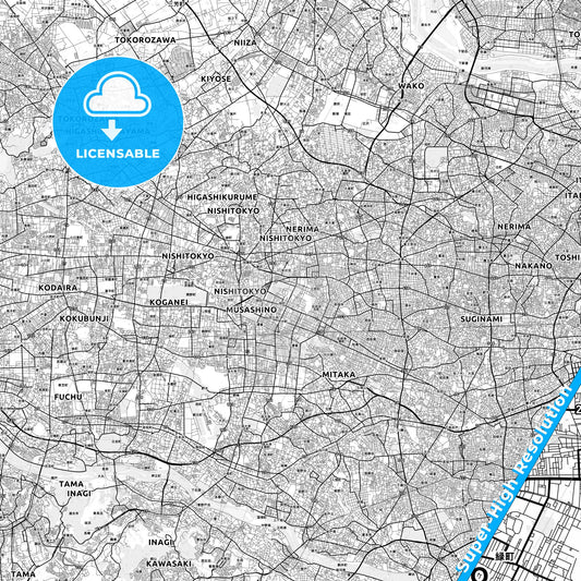 Musashino, Japan light map with streetnames, citynames and districts
