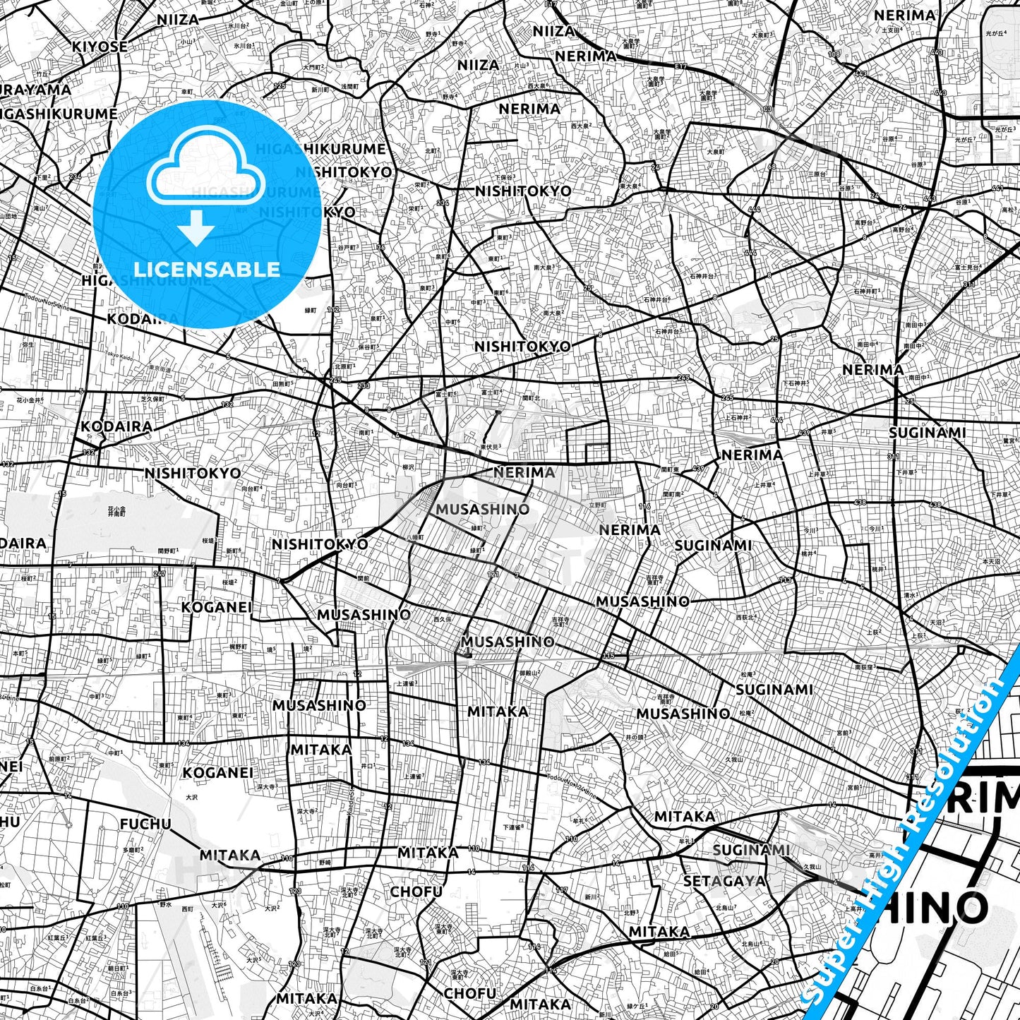 Musashino, Japan Light Map with Street Names, City Names, and Districts