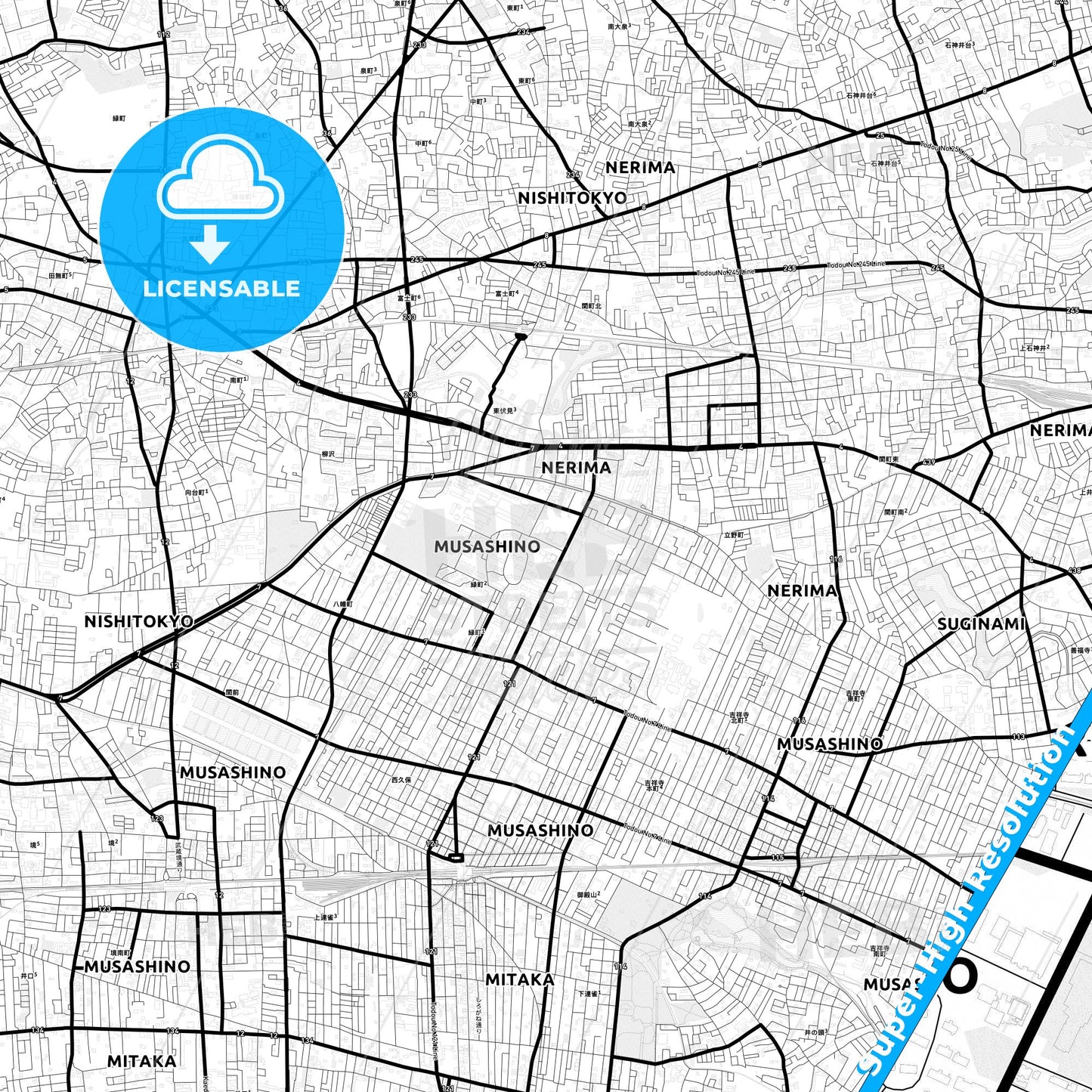 Musashino, Japan Light Map with Street Names, City Names, and Districts