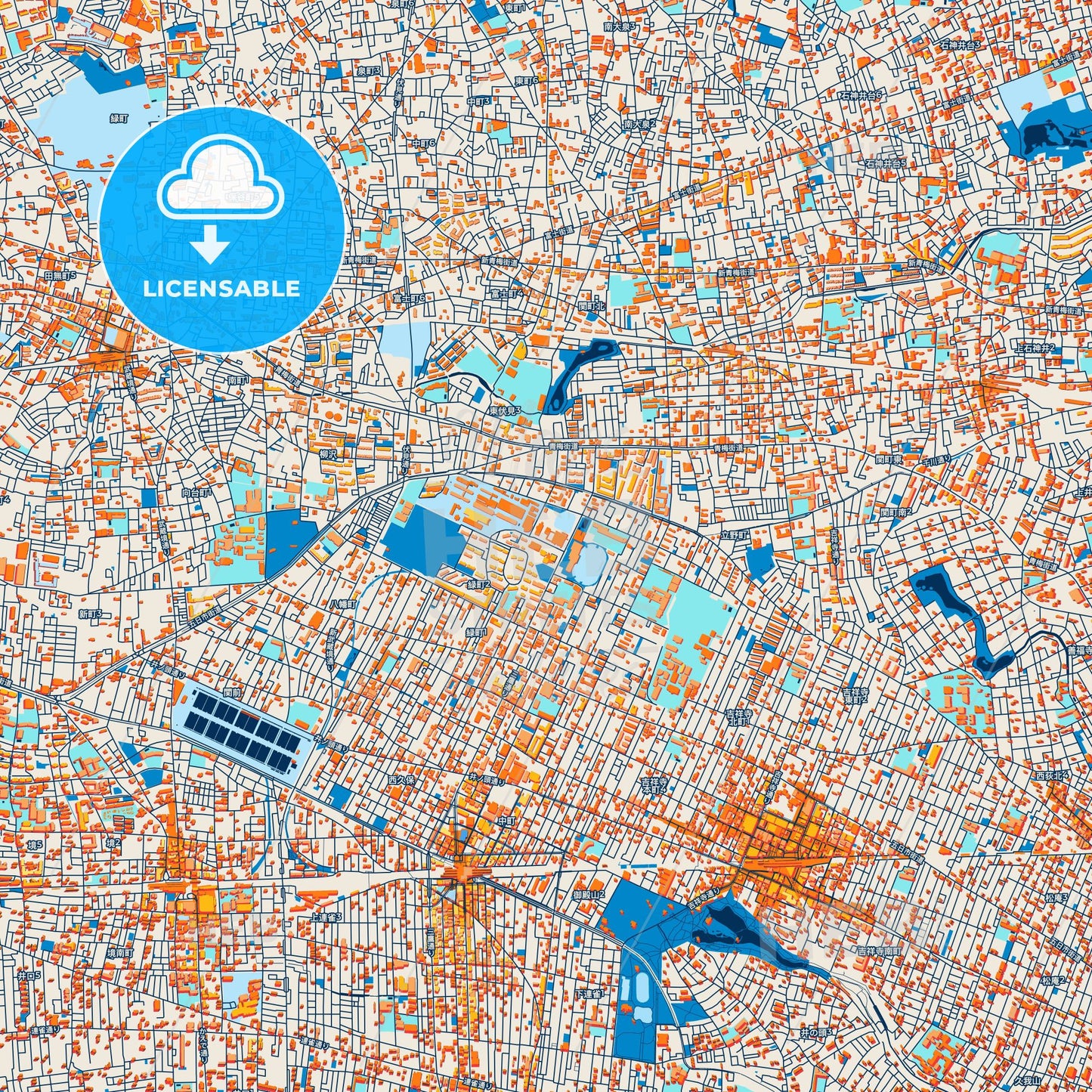Colorful Musashino Street Map with Labels and Buildings