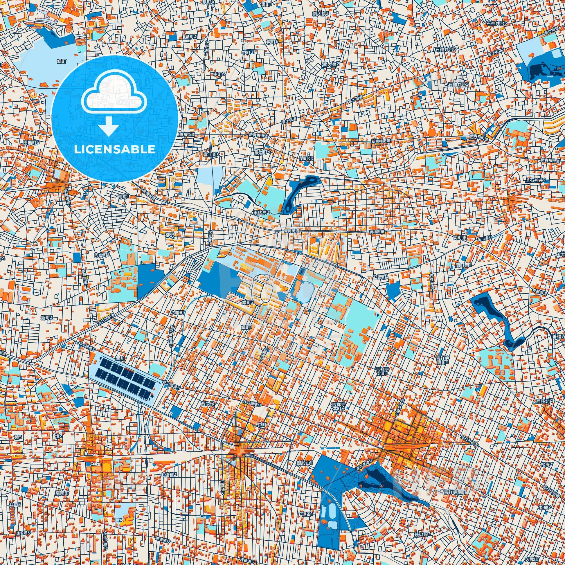 Colorful Musashino Street Map with Labels and Buildings