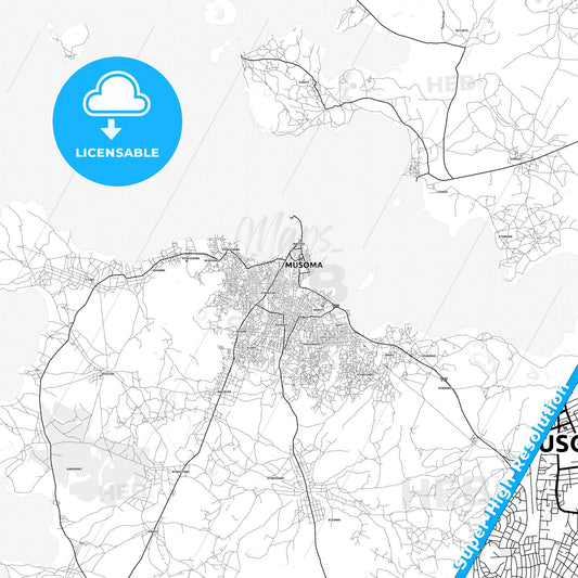 Musoma, Tanzania light map with streetnames, citynames and districts