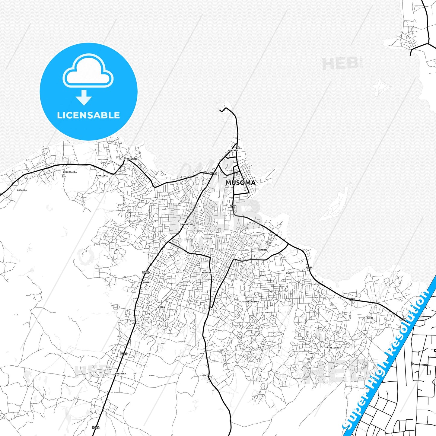 Musoma, Tanzania Light Map with Street Names, City Names, and Districts