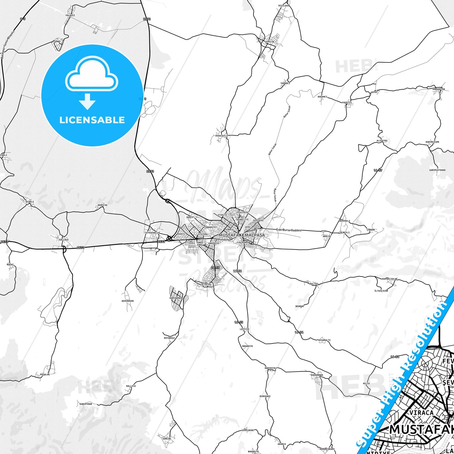 Mustafakemalpaşa, Turkey light map with streetnames, citynames and districts