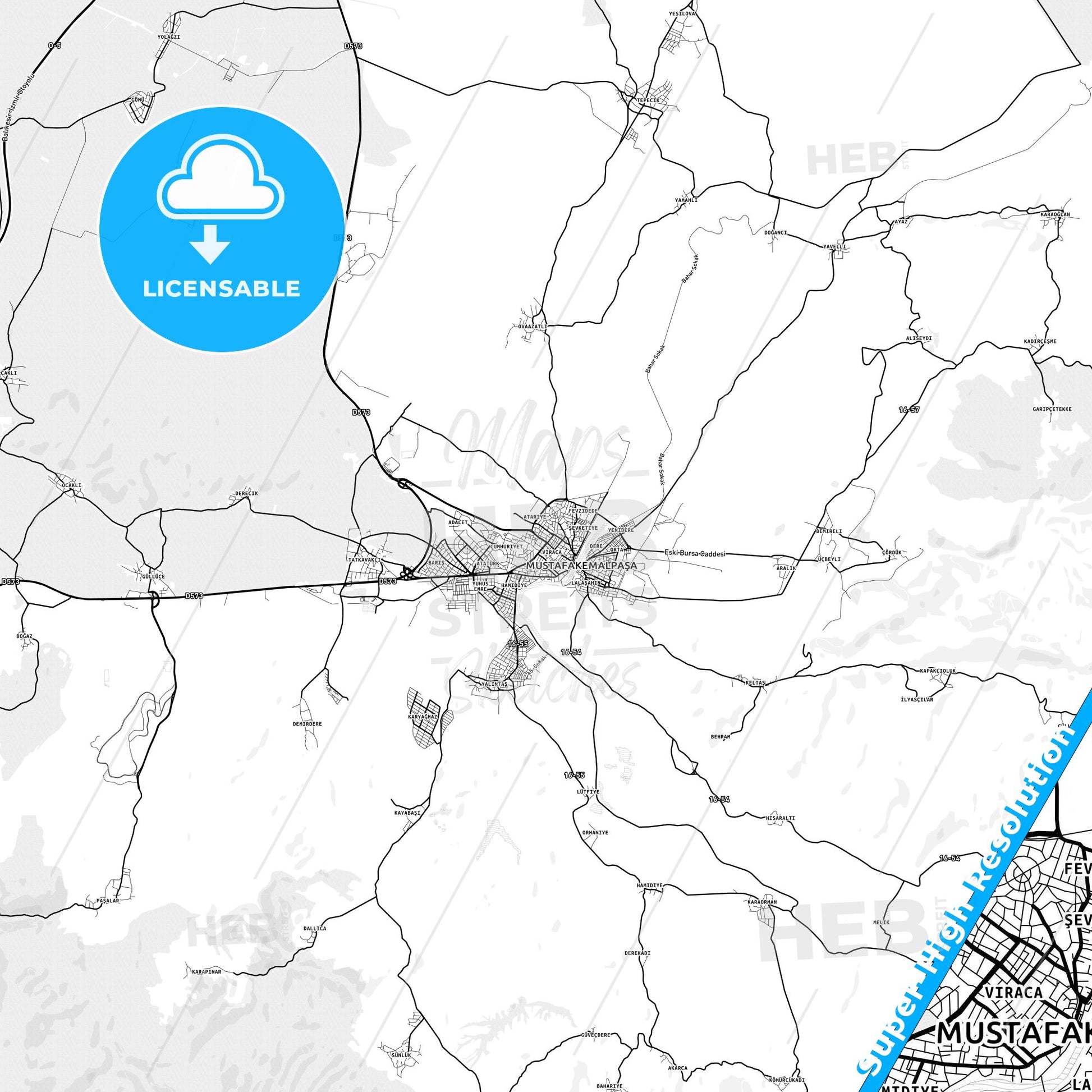 Mustafakemalpaşa, Turkey light map with streetnames, citynames and districts