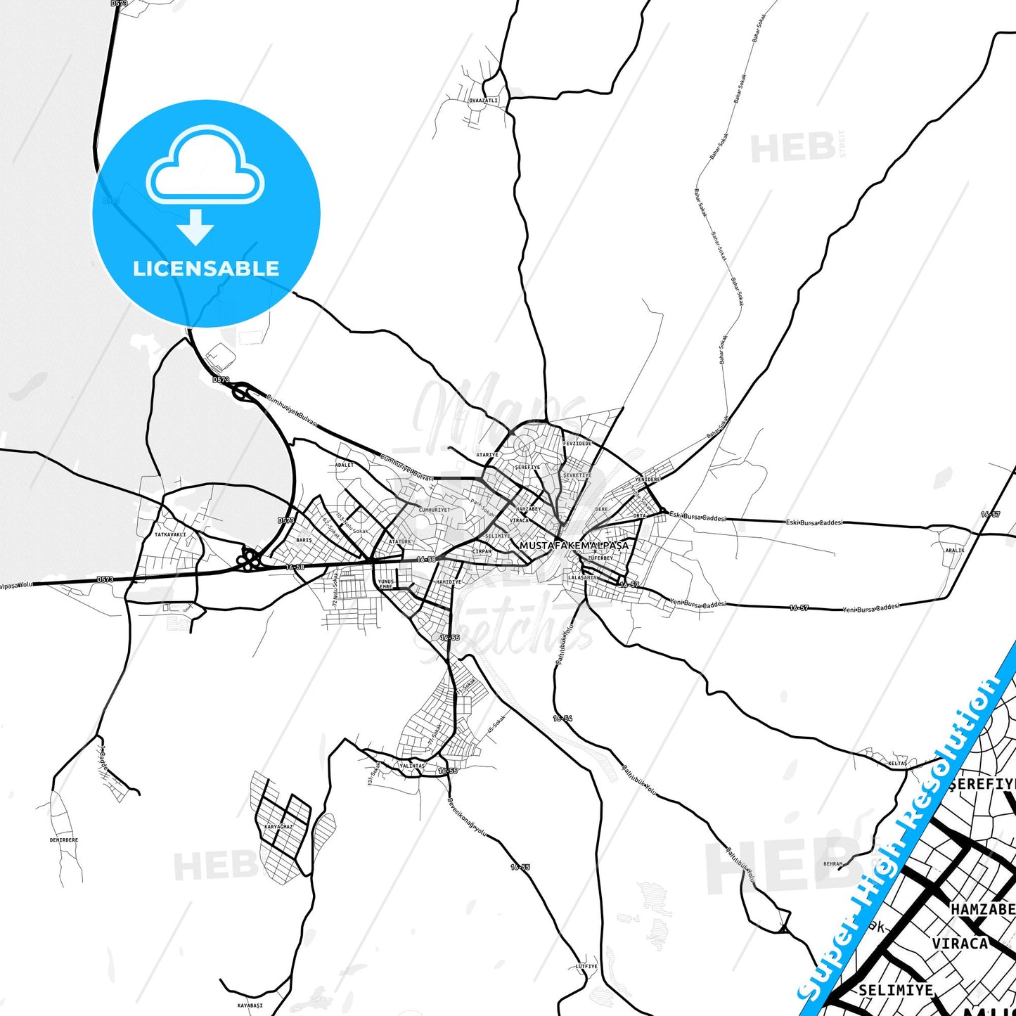 Mustafakemalpaşa, Turkey Light Map with Street Names, City Names, and Districts