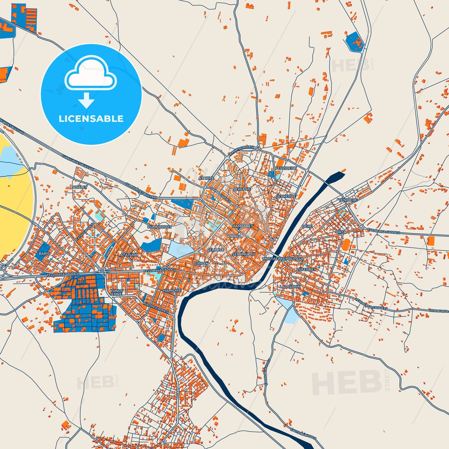 Colorful Mustafakemalpaşa Street Map with Labels and Buildings