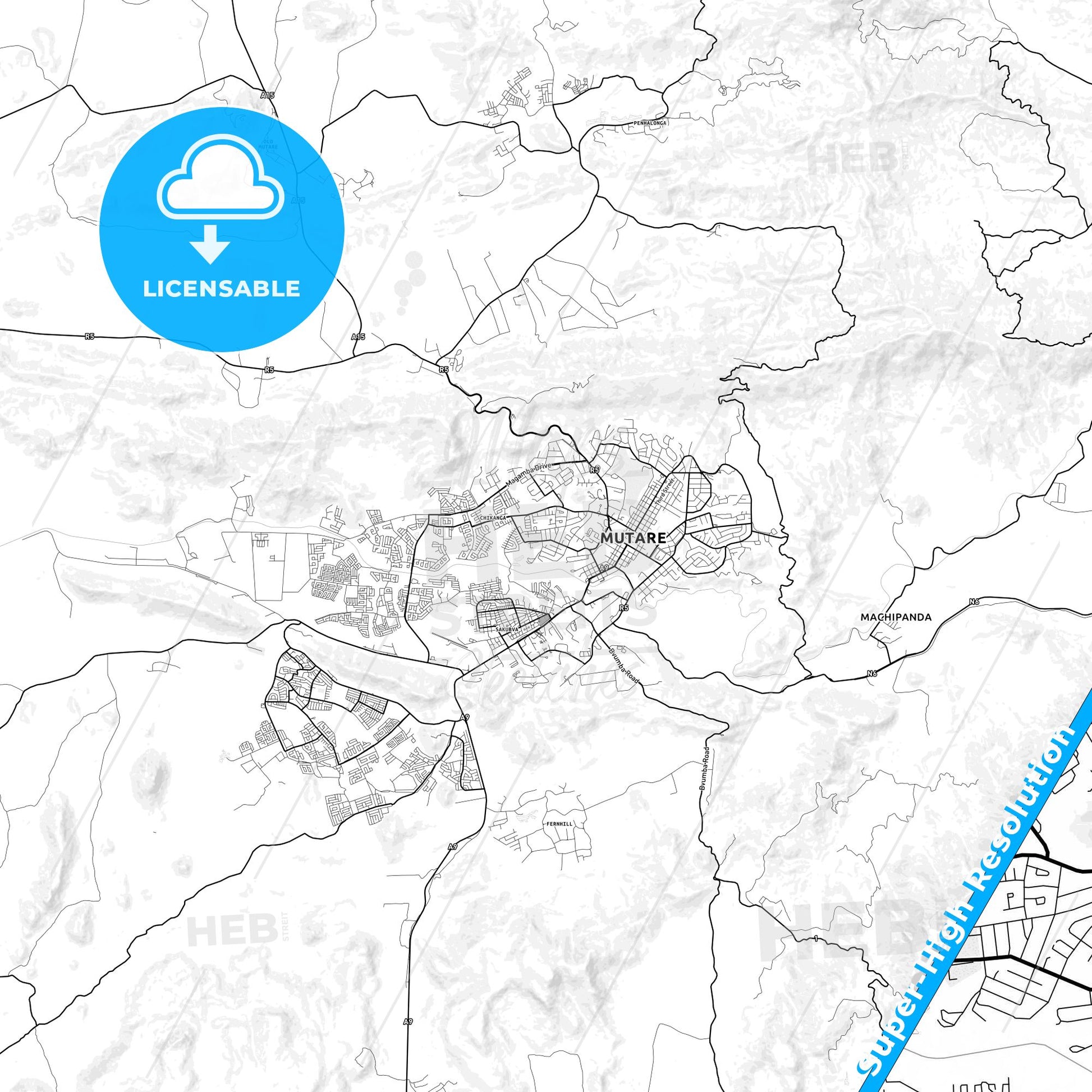 Mutare, Zimbabwe light map with streetnames, citynames and districts