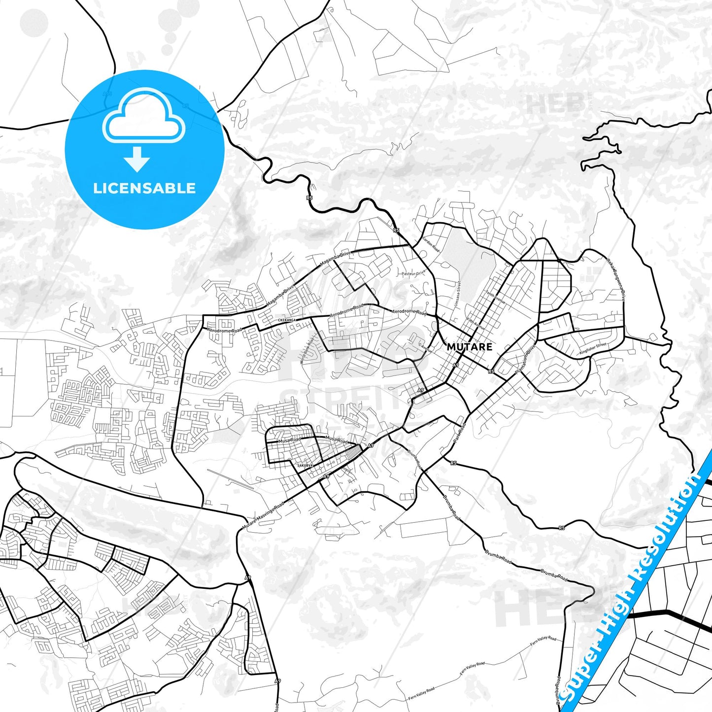 Mutare, Zimbabwe Light Map with Street Names, City Names, and Districts